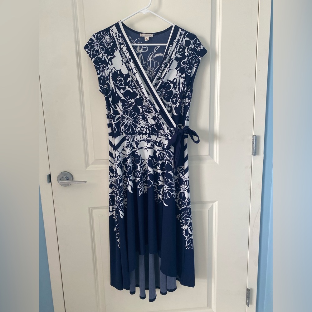 Navy and White  Floral V Neck Faux Wrap Dress, Size 14